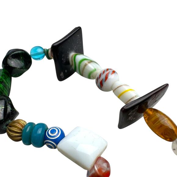 Eclectic Artisan Beaded Necklace Mixed Media Glass Wood Ceramic Funky Boho - Picture 7 of 13